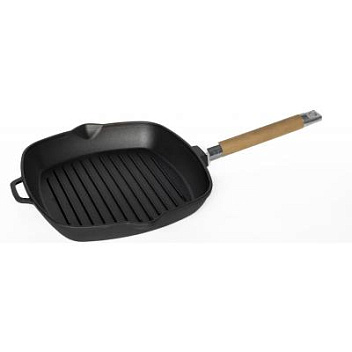 Сковорода-гриль 26*26 см. h=4,5 см. 1,7 л. чугун. рифлен. со съемн дерев. ручкой /1/8/