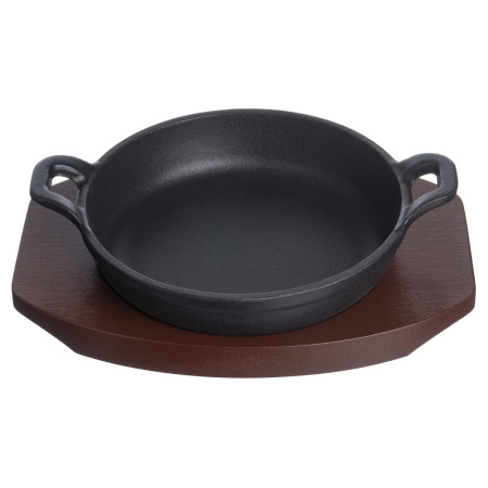 Сковорода порц. d=14 см. h=4,5 см. 0,35 л. чугун. с 2 ручками на дерев. подставке /1/