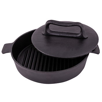 Сковорода-гриль d=24 см. h=5,5 см. 1,8 л. чугун. с прессом, рифлен. с 2 ручками /1/9/