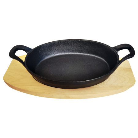 Сковорода порц. овальная 16*11 см. h=2,5 см. 0,35 л. чугун. с 2 ручками на дерев. подставке /1/