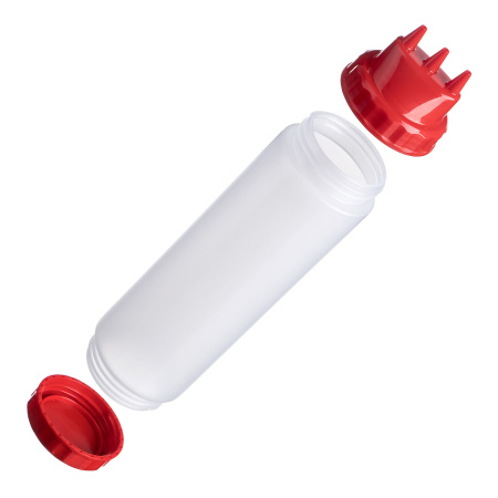 Емкость для соуса  750 мл. d=70 мм. h=270 мм. с 2 крышками 3 носика, широкая прозрачная, крышки красные GP /1/96/