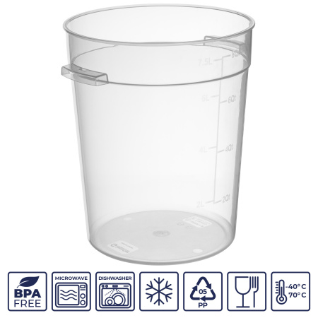 Контейнер для продуктов круглый 7,5 л. d=22 см. h=27 см., с мерной шкалой, прозрачный, п/п, без крышки (крышка 76736, 76735, 76734, 76737) GP /1/8/