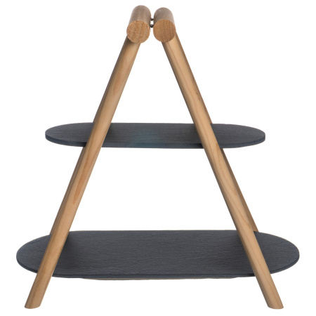 Этажерка 2-х ярусная 31*13,5/41*18,5 см. h=37 см. овальная с дерев. ножкой черная, сланец MGprof /1/5/ АКЦИЯ